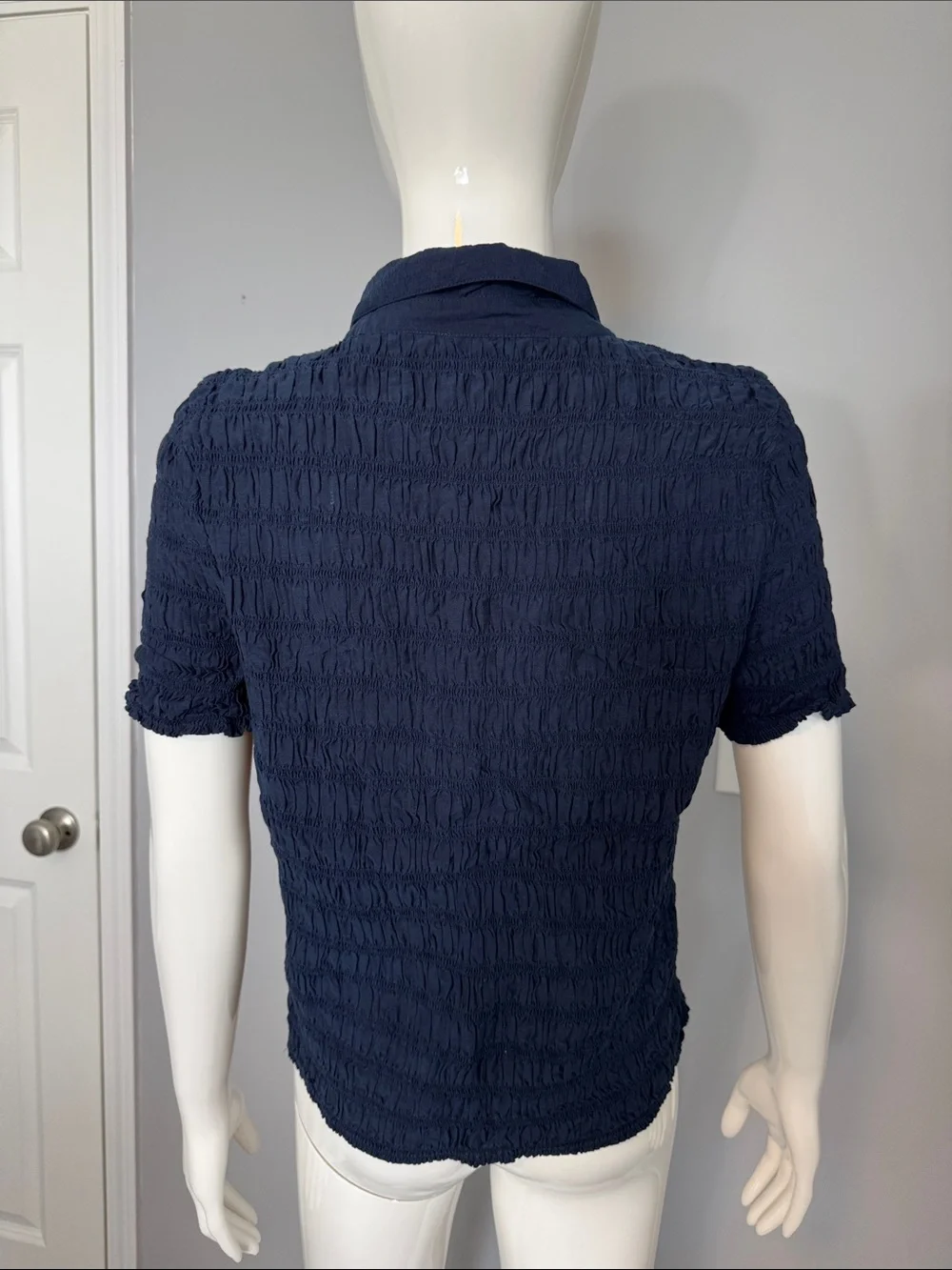 J. Crew Navy Smocked button-up shirt in cotton-blend voile